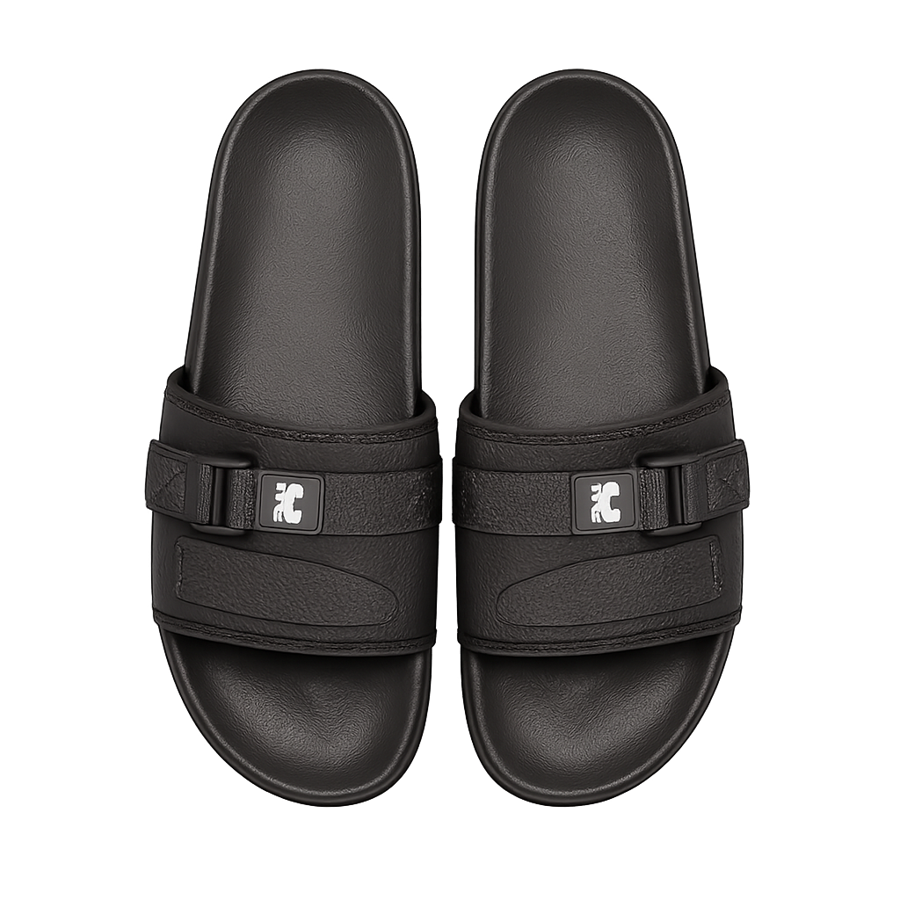 Black buckle slide slippers.