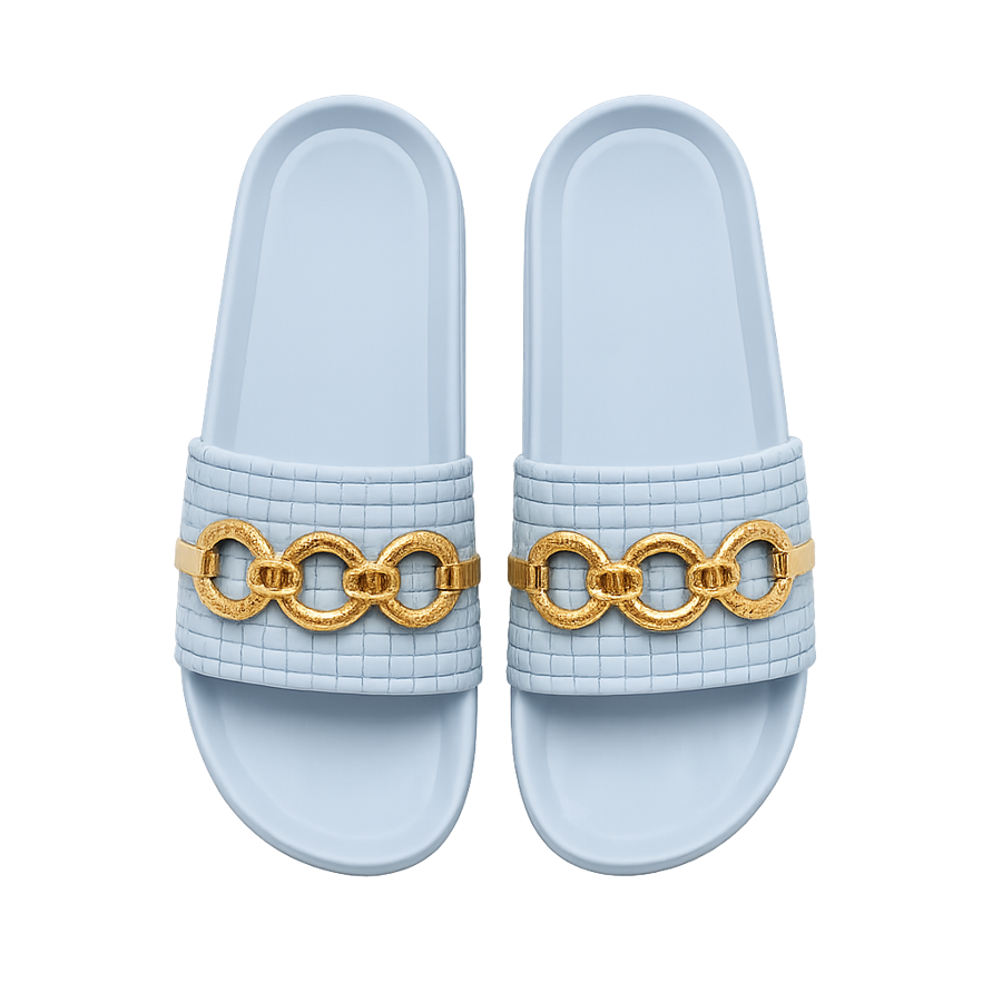 Light Blue Gold Chain Luxe Slides