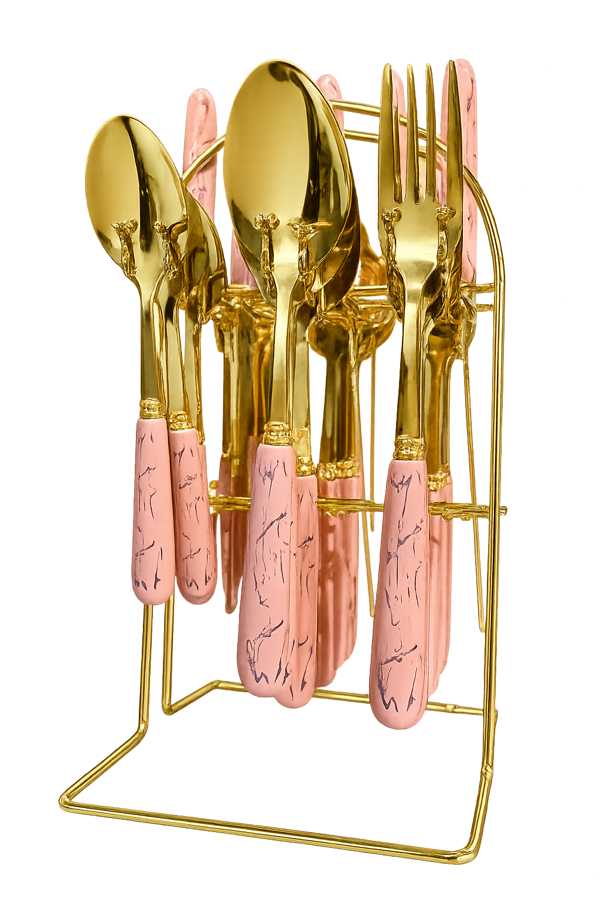 Gold Plated with Pink Marble Handles Set